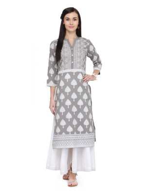 White & Grey Block Print cotton Kurti